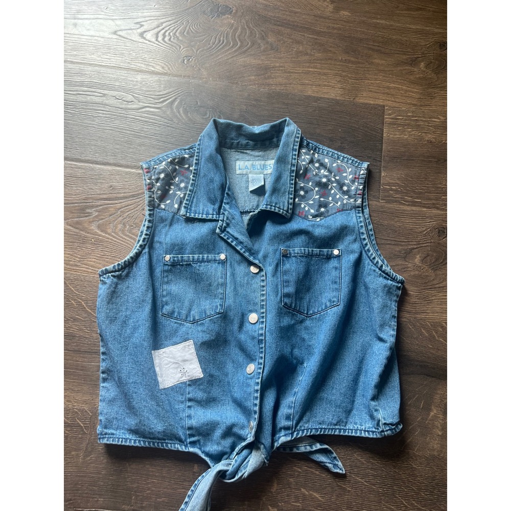 LA Blues Denim Vest Womens Large Blue Tie Front Patchwork Floral Top Vintage
